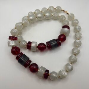 Vintage MONET Chunky White Moonglow Red Lucite Beaded Necklace Signed